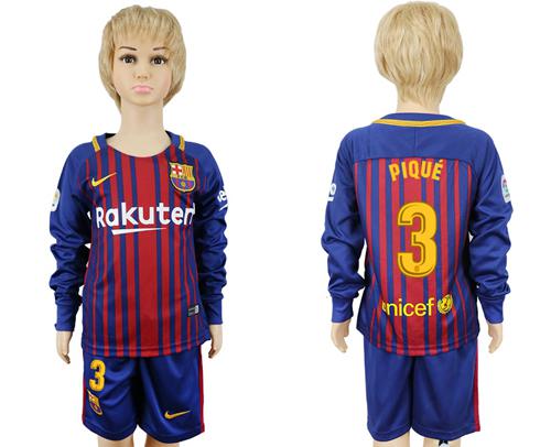 Barcelona #3 Pique Home Long Sleeves Kid Soccer Club Jersey - Click Image to Close